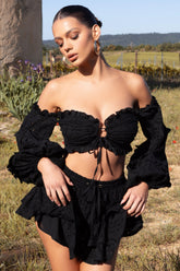 Black Lace Bardot Puff-Sleeved Crop Top